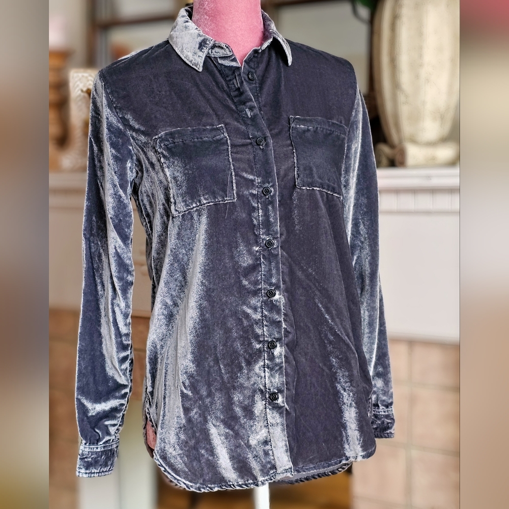 Pilcro silver velvet button-up shirt. Size XXS.